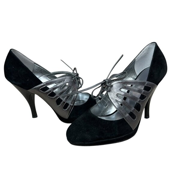 Calvin Klein Lace Up Heels Pumps Retro Pinup Sz 8M Black Silver Suede Leather - Picture 1 of 8